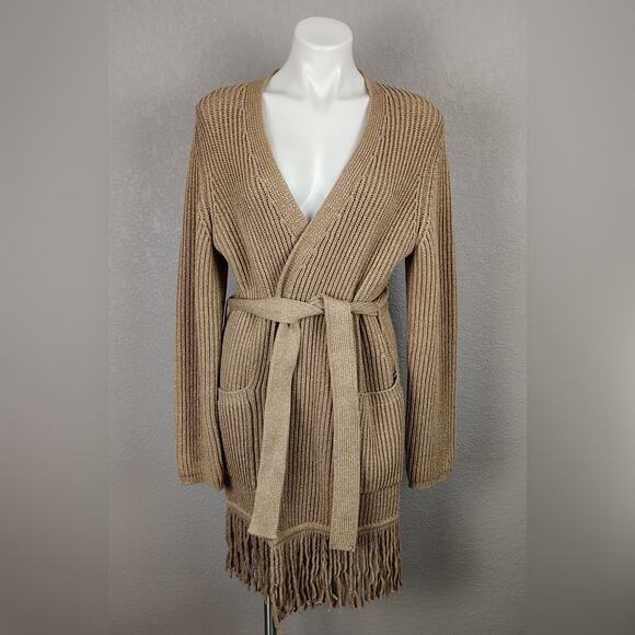Max Mara Arold Cashmere Blend Lurex Fringe Belted Cardigan Size Large - Picture 2 of 12